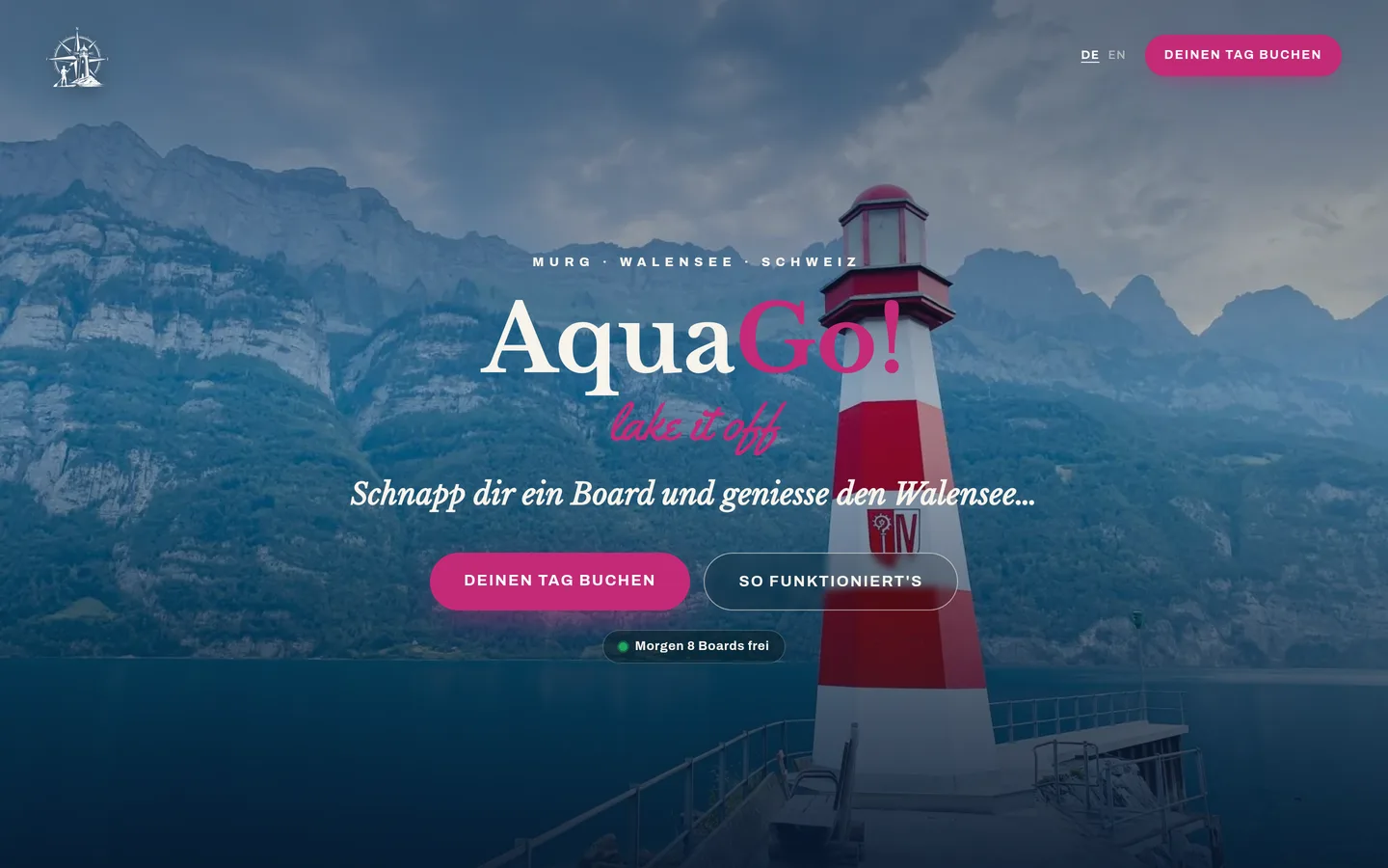 Bildschirmfoto der Website aquagosup.ch mit Sortiment und Buchung