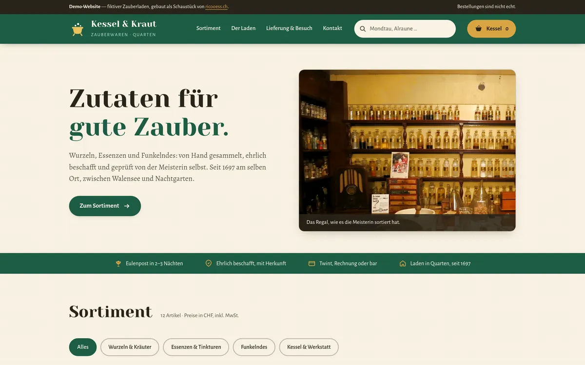 Bildschirmfoto der Muster-Website kesselkraut.ricooess.ch