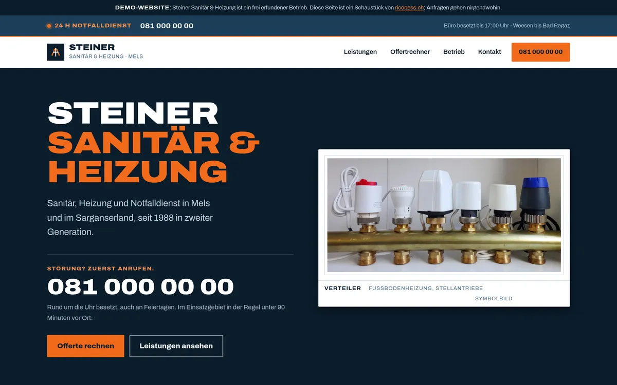 Bildschirmfoto der Muster-Website sanitaer.ricooess.ch