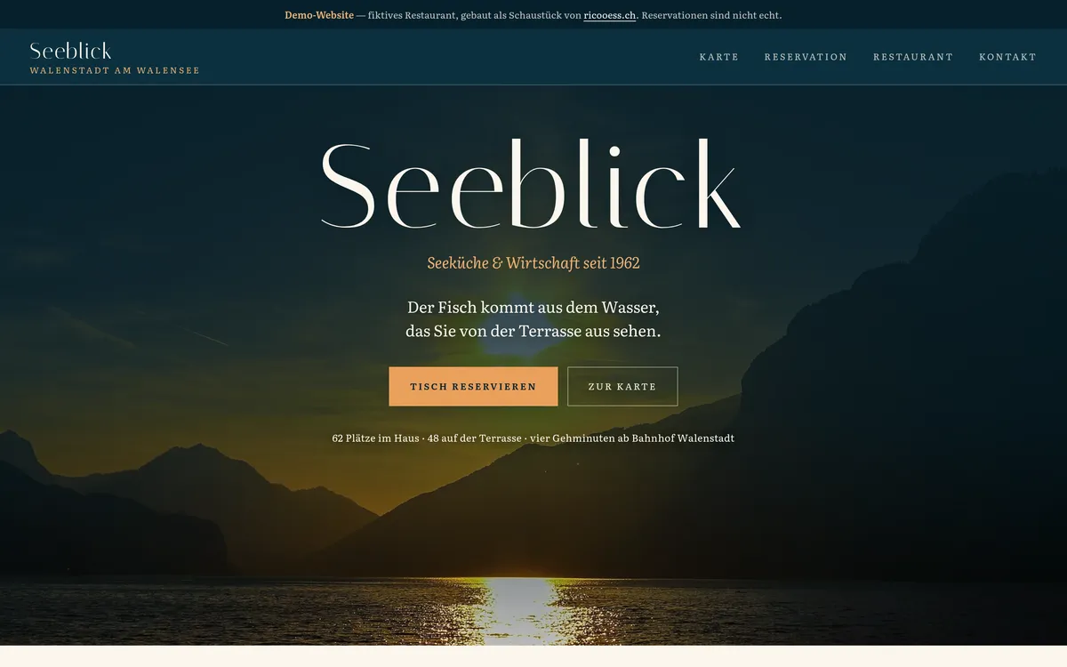 Bildschirmfoto der Muster-Website seeblick.ricooess.ch